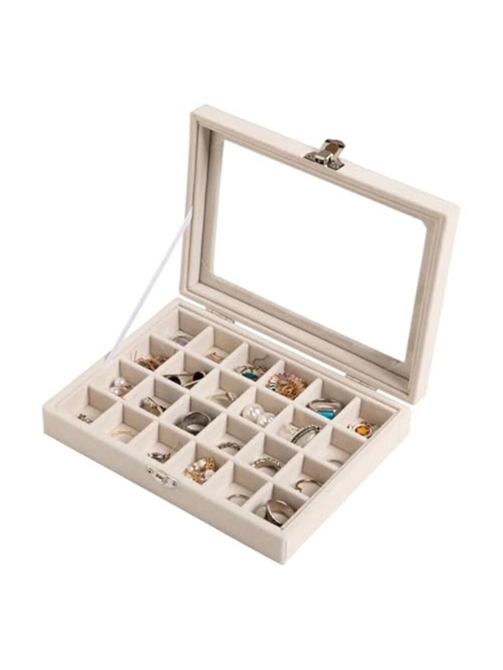 Velvet Jewelry Organizer Tray Glass Lid Ring Earring Display Storage Box Beige